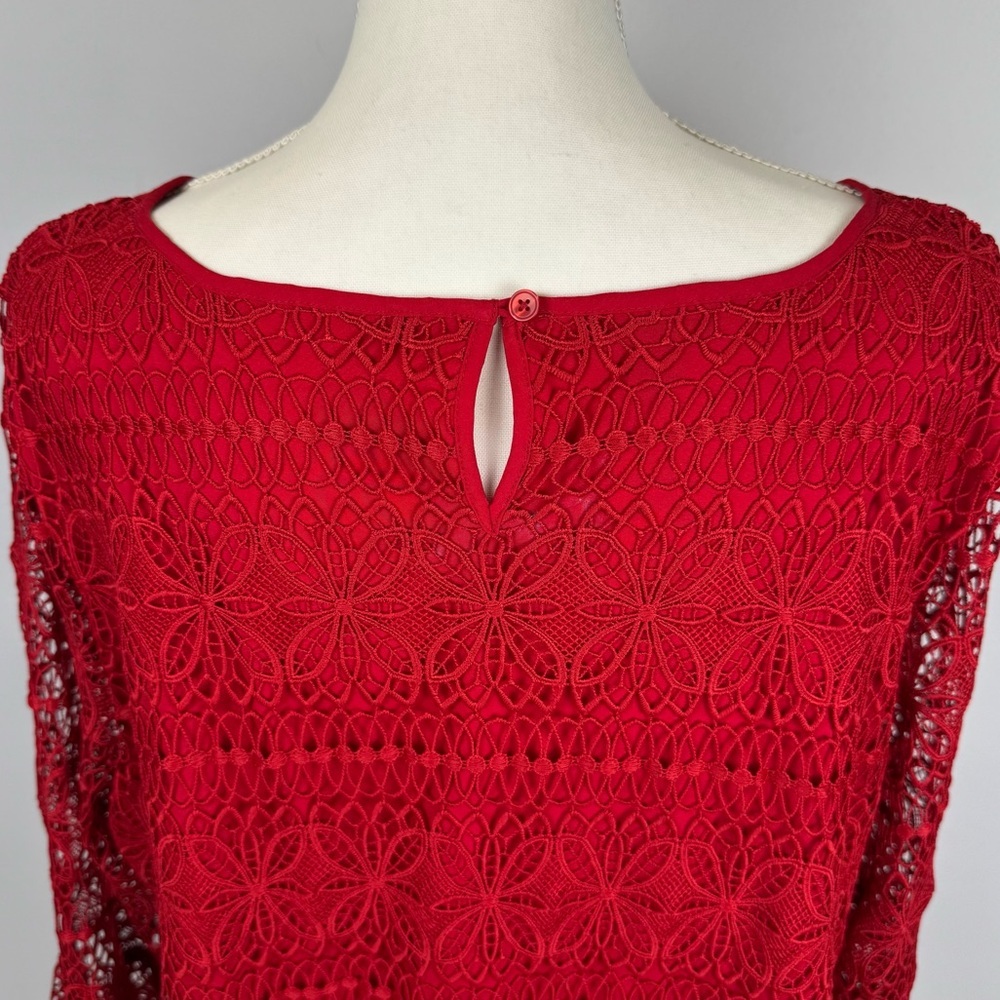 Talbots Embroidered Red Lace Blouse Bell Sleeves Size 2X Party Formal Romantic - Picture 10 of 14